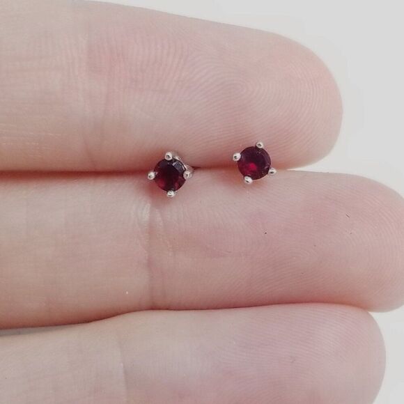 Vintage Sterling Silver and Dark Red Rhinestone Stud Earrings, No Backs, Estate - Picture 2 of 7